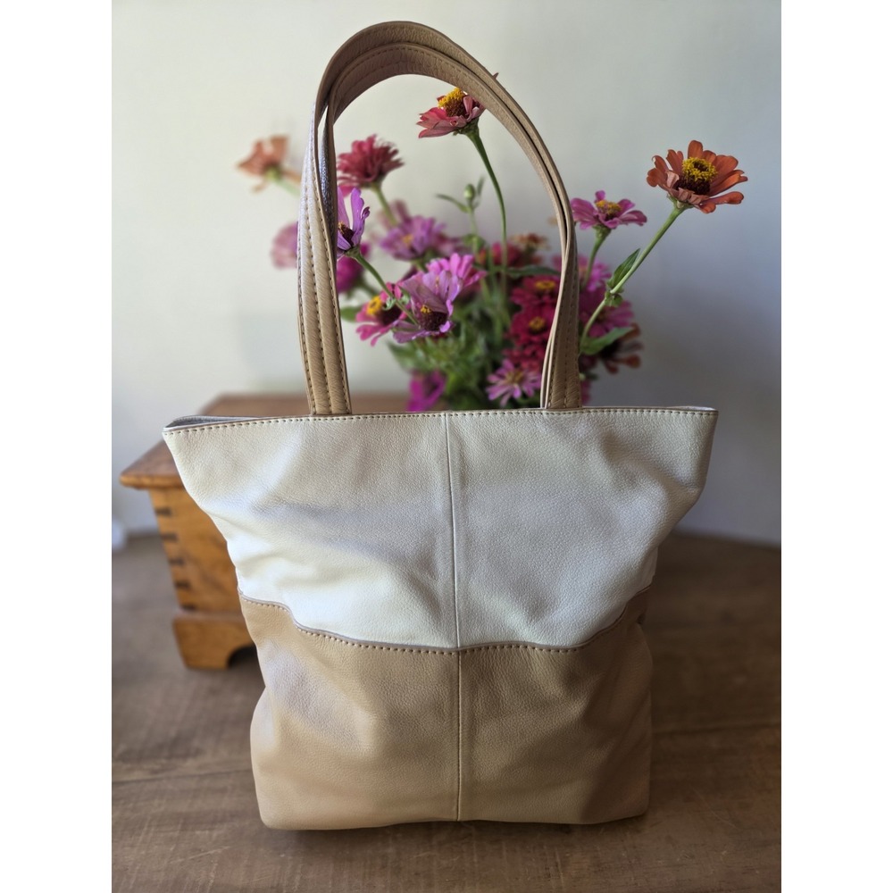 Cole Haan White Tan Navy Leather Large Deep Tote Shoulder Bag boho Handbag - Picture 3 of 8